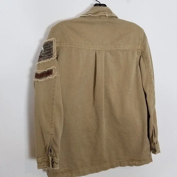 Free People Embellished Military Shirt Jacket Women Sz XS Beige Button Up Boho - Picture 10 of 13